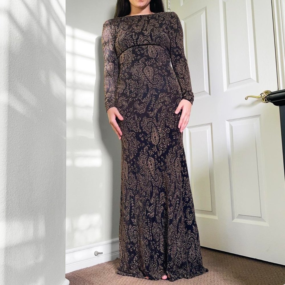 Floor length, mermaid, black and gold dress